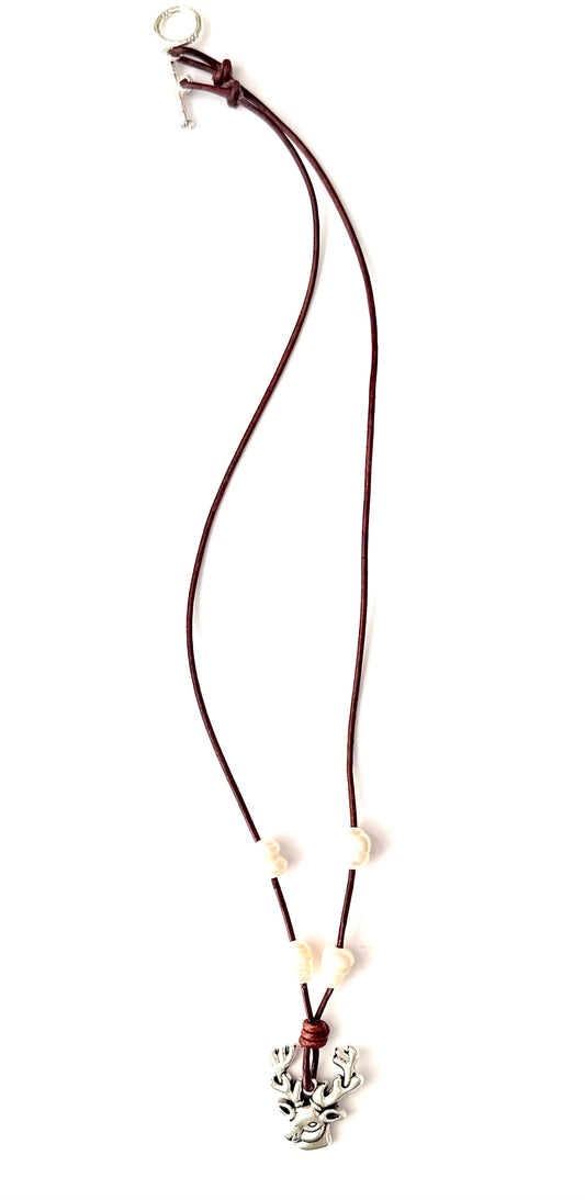 Leather Silver Reindeer Necklace
