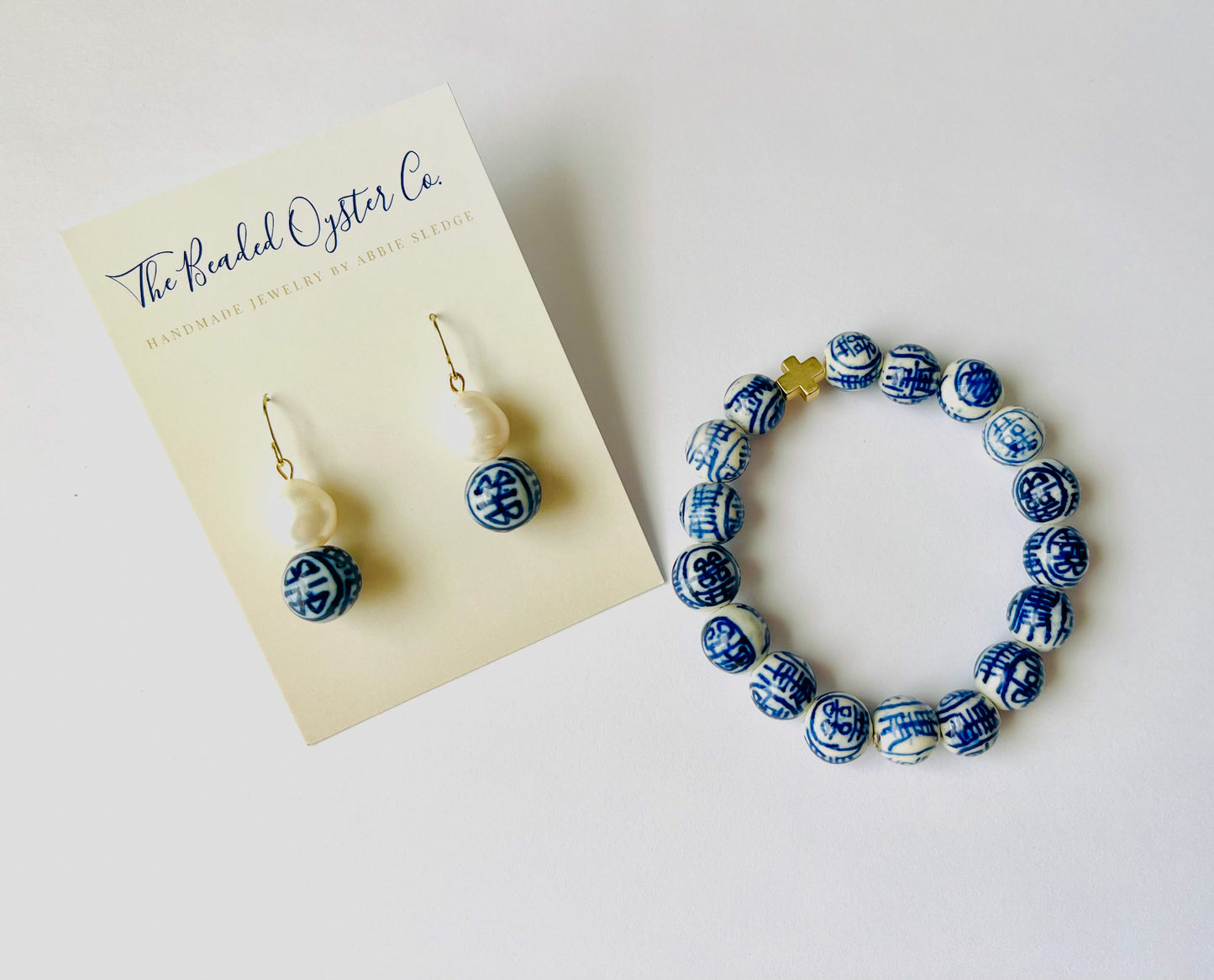 Blue and White Chinoiserie and Freshwater Pearl Drop Earring