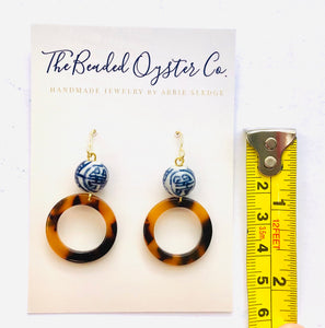 Blue and White Chinoiserie and Tortoise Shell Earrings- Small Hoop