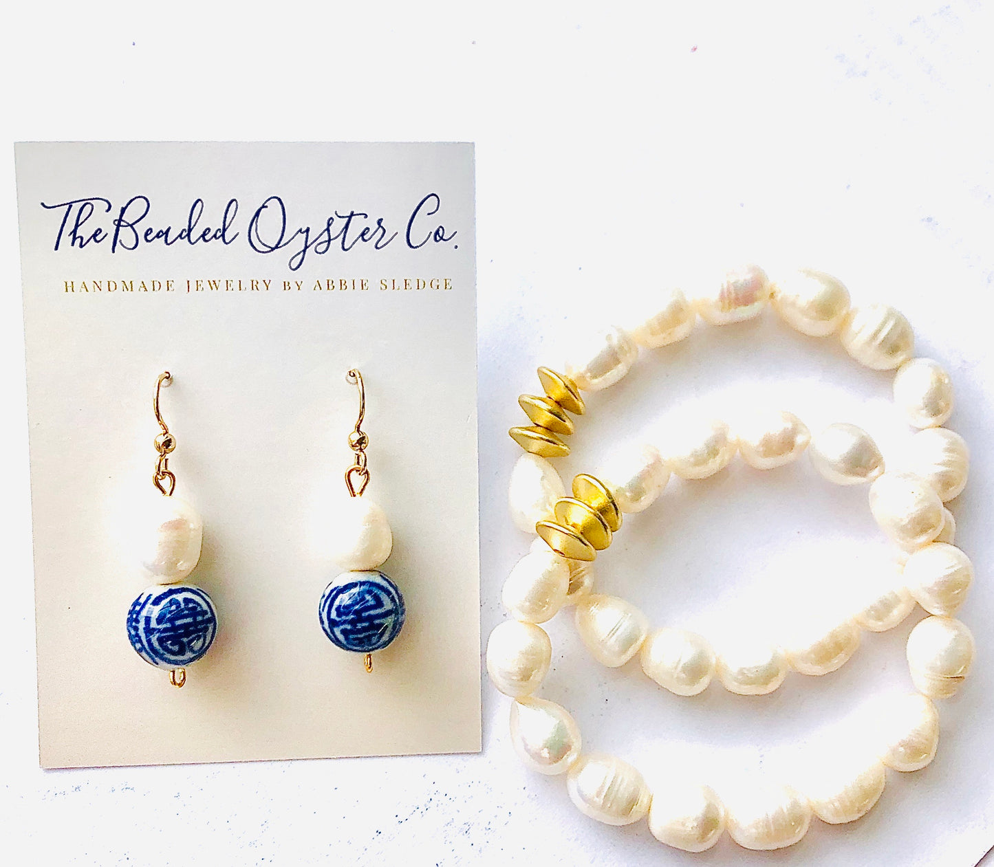 Blue and White Chinoiserie and Freshwater Pearl Drop Earring