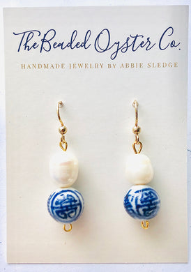 Blue and White Chinoiserie and Freshwater Pearl Drop Earring