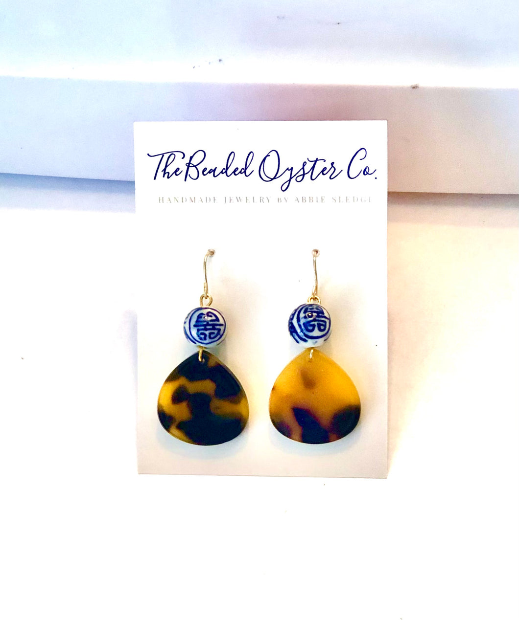 Small Tortoise Shell Teardrop and Chinoiserie Earrings