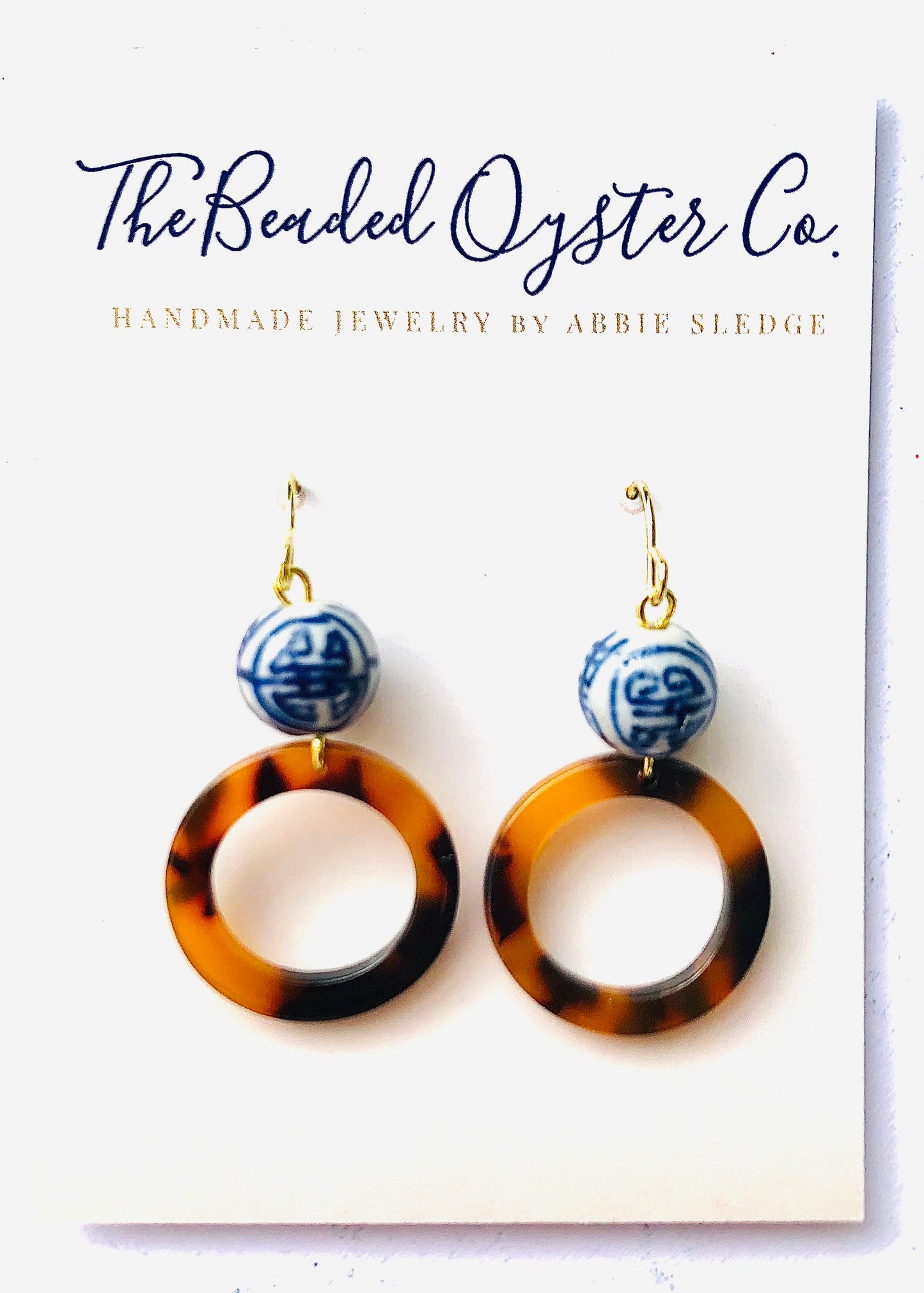 Blue and White Chinoiserie and Tortoise Shell Earrings- Small Hoop