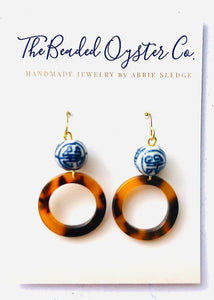 Blue and White Chinoiserie and Tortoise Shell Earrings- Small Hoop