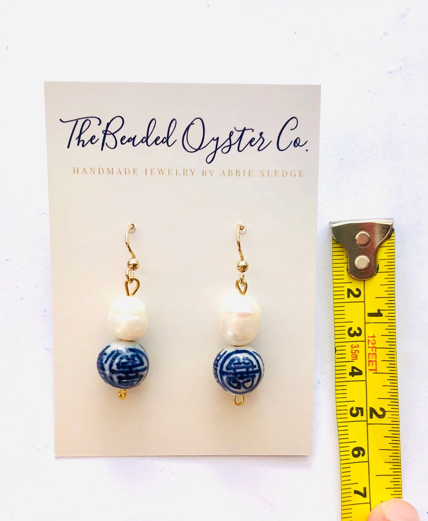 Blue and White Chinoiserie and Freshwater Pearl Drop Earring